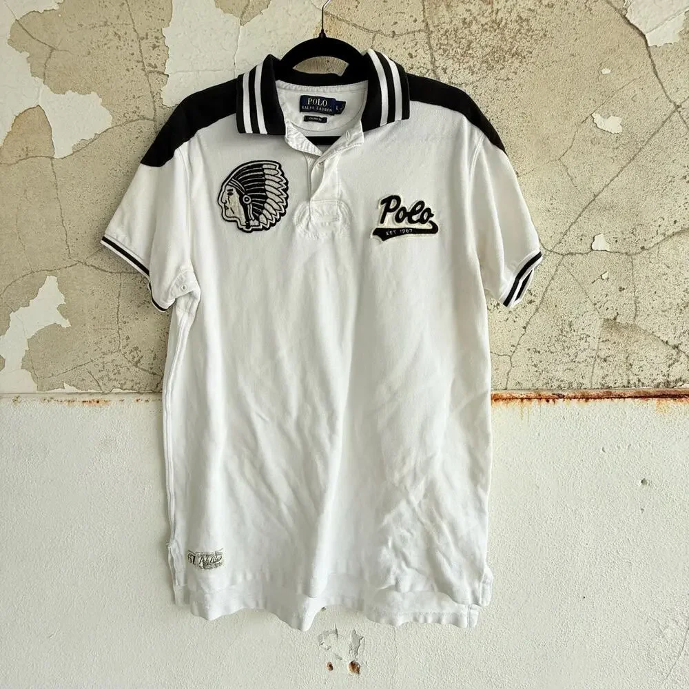 Polo Ralph Lauren Indian Head Chief Patch Polo Shirt Rugby Custom Fit Mens‎ L